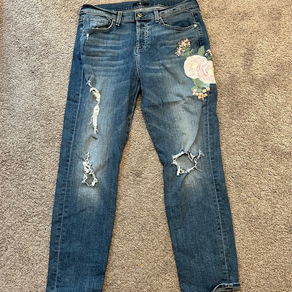 7 For All Mankind size 28 Embroidered Blue Jeans Button Fly